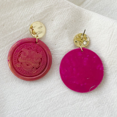 Image of Chinese Dragon Lightweight Polymer Clay Earrings Red and Gold Dangles Wax Stamp Seal