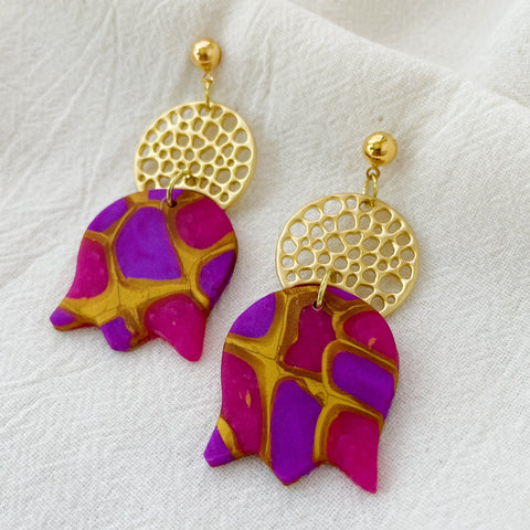 Image of Tulip Lightweight Polymer Clay Earrings Pink, Purple and Gold Dangles