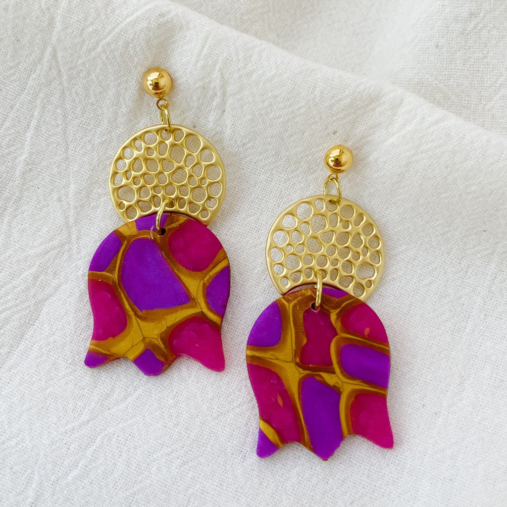 Tulip Lightweight Polymer Clay Earrings Pink, Purple and Gold Dangles