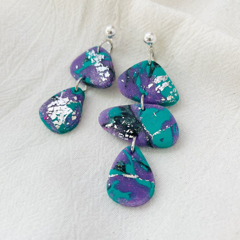 Image of Blue and Purple Pebbles Lightweight Polymer Clay Earrings Silver Dangles