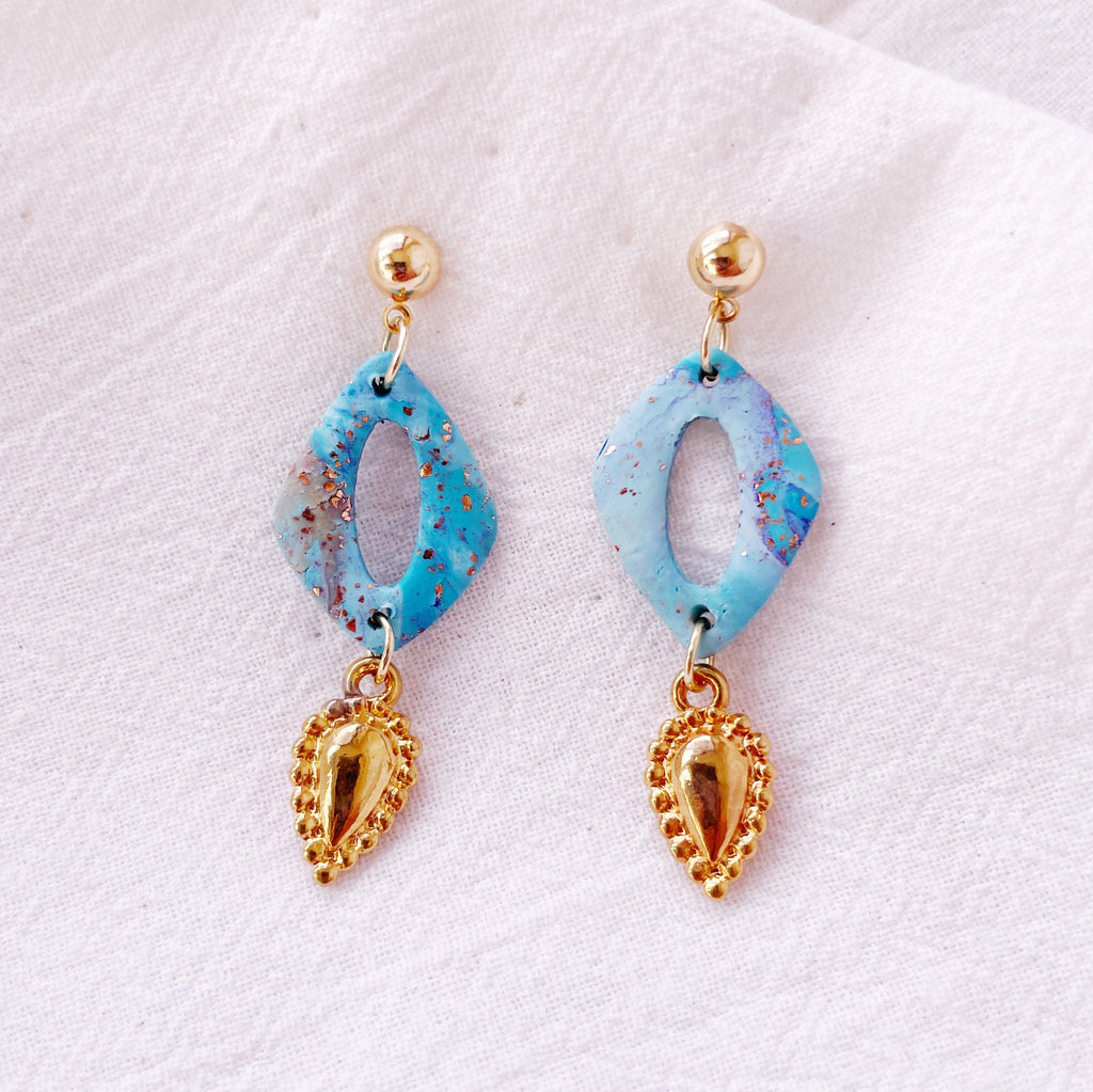 Blue and Gold Drop Earrings Lightweight Polymer Clay Earrings Blue Gold Dangles