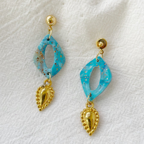 Image of Blue and Gold Drop Earrings Lightweight Polymer Clay Earrings Blue Gold Dangles