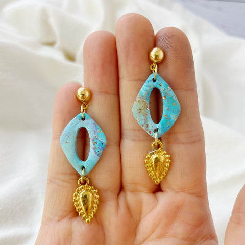 Image of Blue and Gold Drop Earrings Lightweight Polymer Clay Earrings Blue Gold Dangles