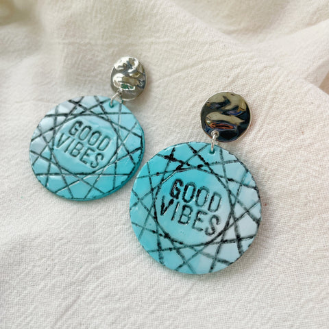 Image of Good Vibes Earrings, Blue Ombre Round Earrings Dangle, Mandala Motivational Gift, Sayings Vibe Jewelry, Best Friend Positive Gift