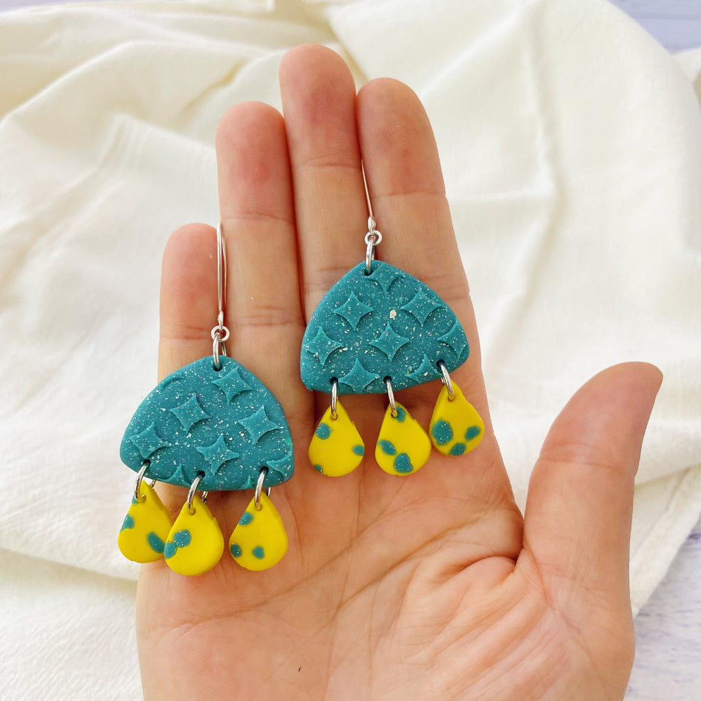 Yellow Raindrops Lightweight Polymer Clay Earrings Silver Dangles