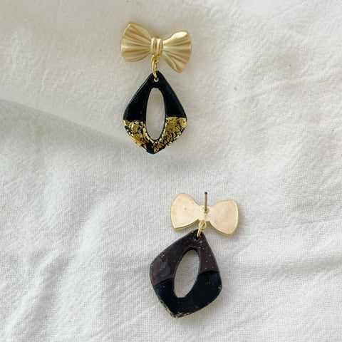 Image of Black and Gold Bow Earrings Lightweight Polymer Clay Earrings Gold Dangles