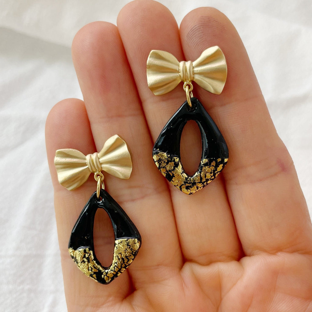 Black and Gold Bow Earrings Lightweight Polymer Clay Earrings Gold Dangles