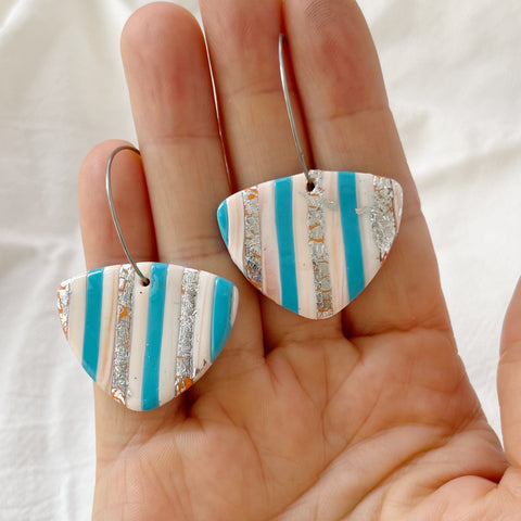 Image of Blue White Stripe Earrings Lightweight Polymer Clay Earrings Silver Hoop Dangles