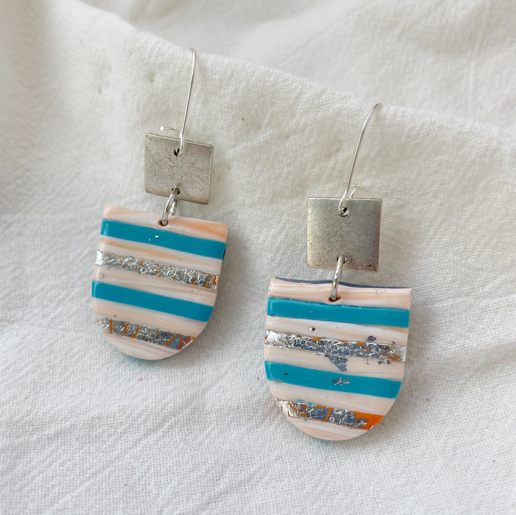 Tri Color Strip Earrings, Silver Square Stripes Hang Down Earring, Affordable Jewelry, Cool Statement Earrings for Women, Teenage Girl Gifts