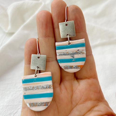Image of Tri Color Strip Earrings, Silver Square Stripes Hang Down Earring, Affordable Jewelry, Cool Statement Earrings for Women, Teenage Girl Gifts
