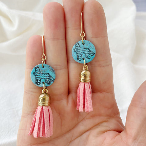 Image of Pinada Lightweight Polymer Clay Earrings Gold Dangles Pink Fringe Blue Lama