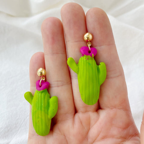 Image of Green Cactus Polymer Clay Earrings Gold Dangles Pink Flower Gold Dangles Succulent
