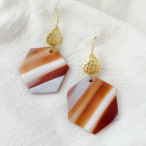 Image of Faux Tortoise Shell Lightweight Polymer Clay Earrings Brown White Hexagon Gold Dangles
