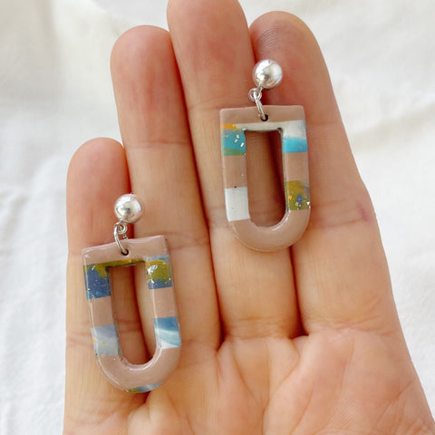 Image of Blue Sky Stripe Earrings Lightweight Polymer Clay Earrings Silver Dangles Cutout Earrings