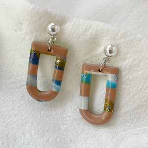 Blue Sky Stripe Earrings Lightweight Polymer Clay Earrings Silver Dangles Cutout Earrings