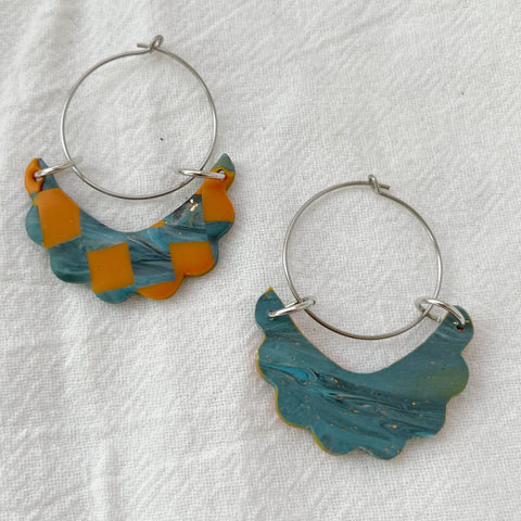 Image of Orange Checkerboard Earrings Lightweight Polymer Clay Earrings Silver Hoop Dangles Elegant Brown