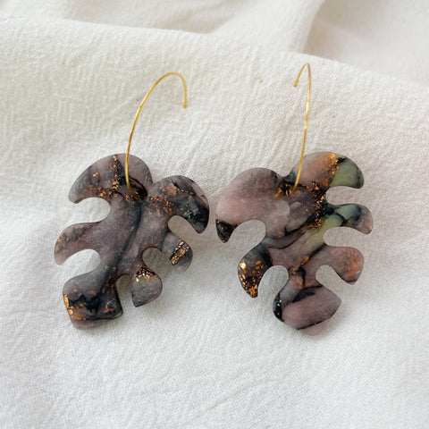 Image of Monstera Leaf Earring, Speckled Polymer Tropical Leaf Hoop Dangles, Unique Fun Hang Down Earrings, Nature Plant Lover Gift, Purple Earrings
