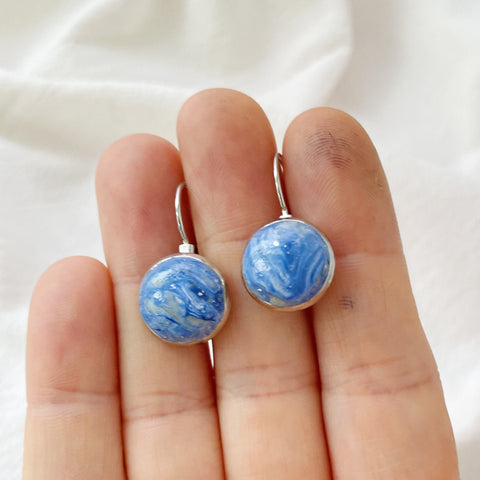 Image of Fluid Art Earrings, Flat Back Small Earrings, Beach Oceanic Theme Drop Earrings, Polymer Clay Earrings, Swirl Marble White & Blue Pour