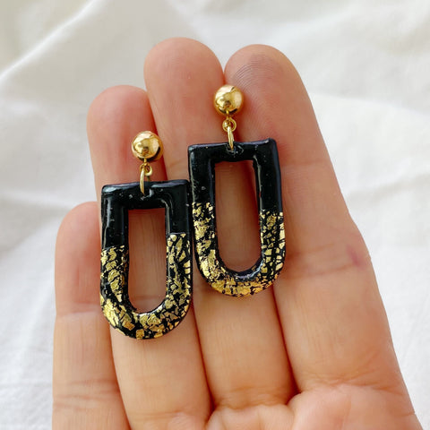Image of Black and Gold Crackle Earrings Lightweight Polymer Clay Earrings Gold Dangles