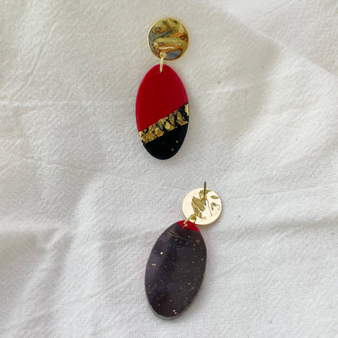 Image of Red, Black and Gold Crackle Earrings Lightweight Polymer Clay Earrings Gold Dangles