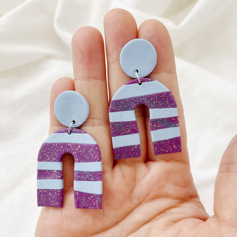 Image of Lavender Blue Stripe Earrings Lightweight Polymer Clay Earrings Silver Dangles