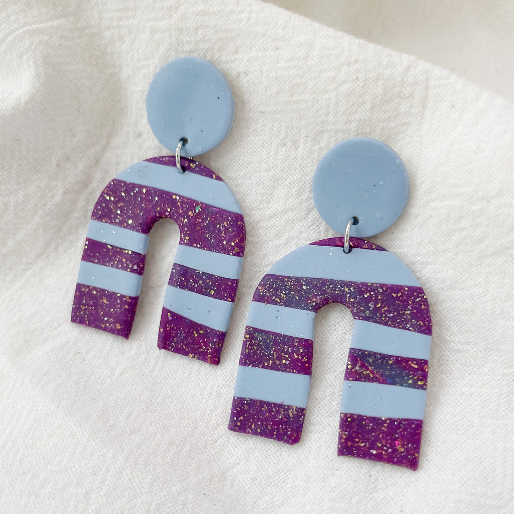 Lavender Blue Stripe Earrings Lightweight Polymer Clay Earrings Silver Dangles