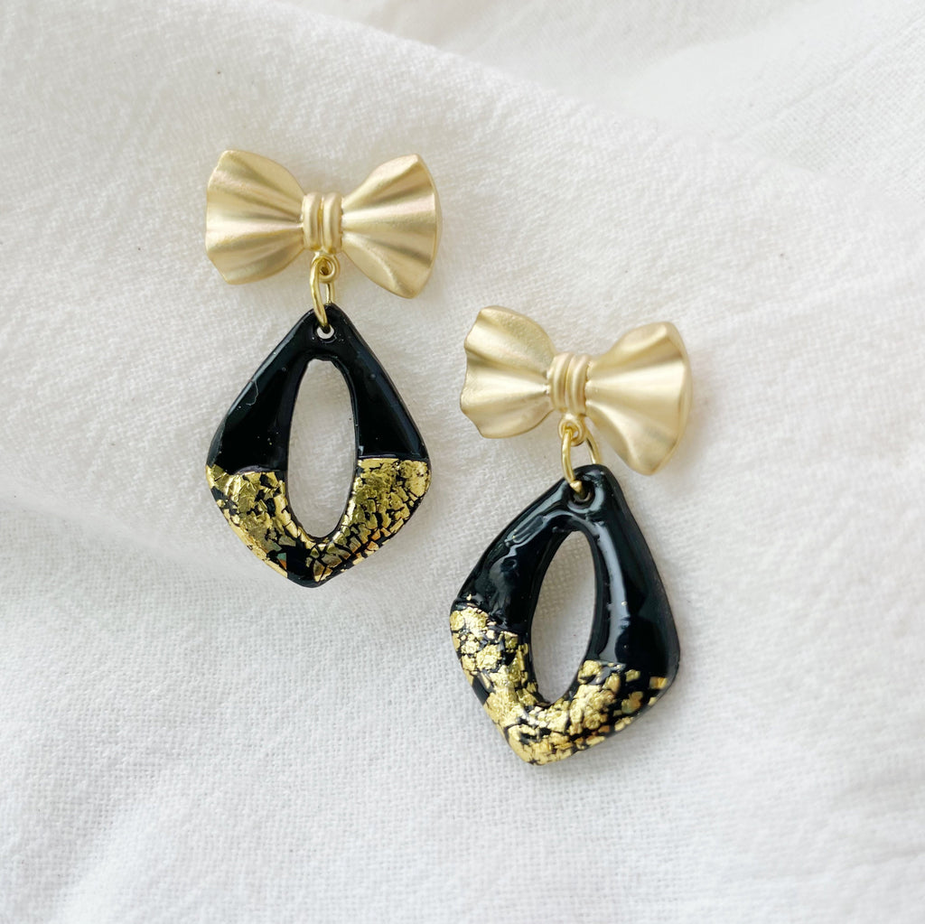 Black and Gold Bow Earrings Lightweight Polymer Clay Earrings Gold Dangles