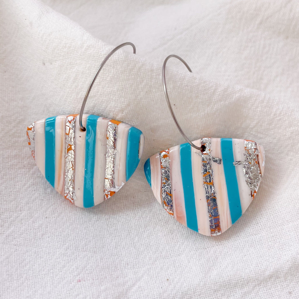 Blue White Stripe Earrings Lightweight Polymer Clay Earrings Silver Hoop Dangles