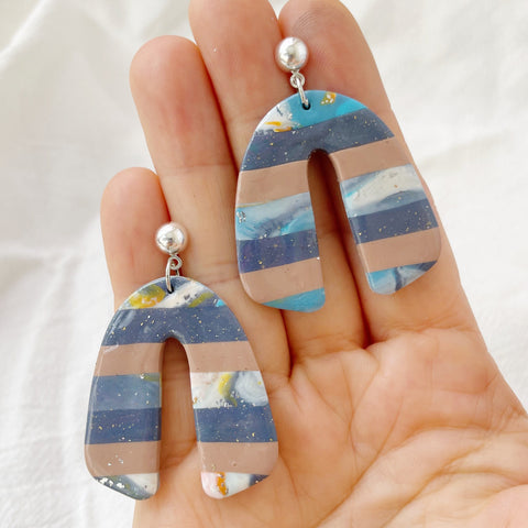 Image of Blue Sky Stripe Earrings Lightweight Polymer Clay Earrings Silver Dangles