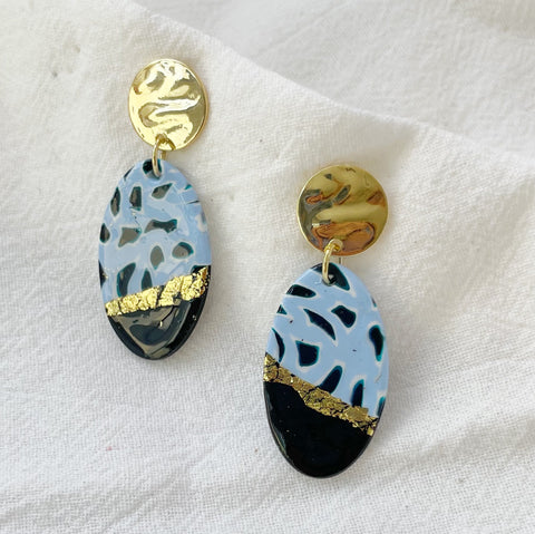 Image of Blue Splatter Earrings Lightweight Polymer Clay Earrings Gold Foil Dangles Elegant Black and Blue