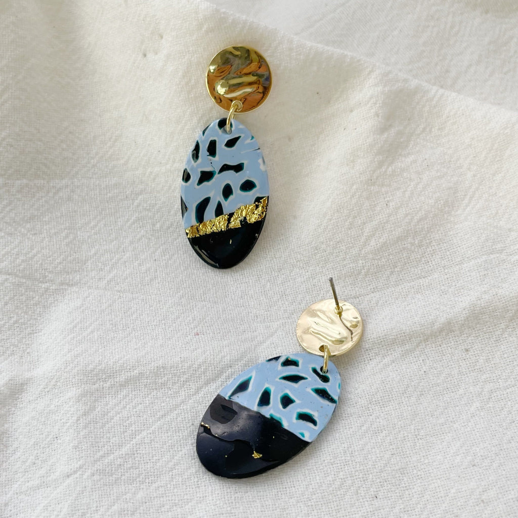 Blue Splatter Earrings Lightweight Polymer Clay Earrings Gold Foil Dangles Elegant Black and Blue