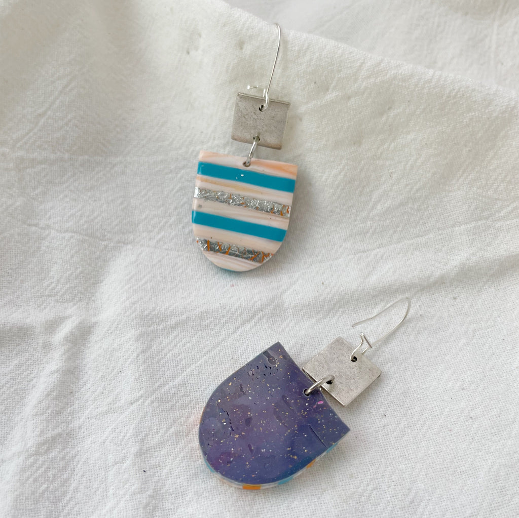Tri Color Strip Earrings, Silver Square Stripes Hang Down Earring, Affordable Jewelry, Cool Statement Earrings for Women, Teenage Girl Gifts
