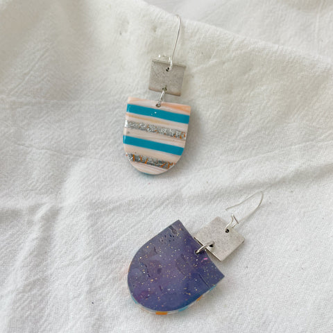 Image of Tri Color Strip Earrings, Silver Square Stripes Hang Down Earring, Affordable Jewelry, Cool Statement Earrings for Women, Teenage Girl Gifts