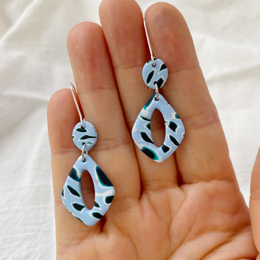 Blue Splatter Earrings Lightweight Polymer Clay Earrings Silver Dangles Elegant Black and Blue