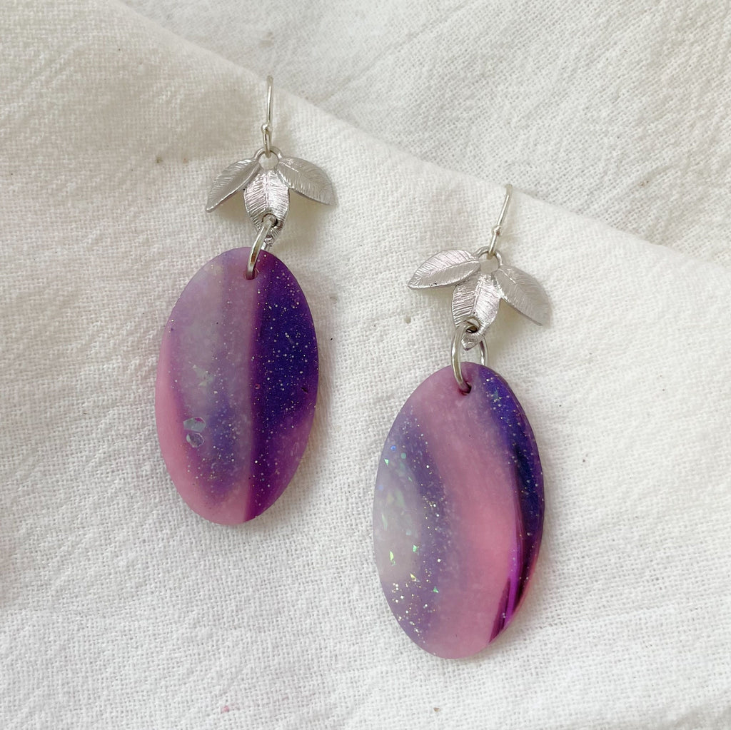 Amethyst Flower Earrings Lightweight Polymer Clay Earrings Silver Dangles Elegant Purple