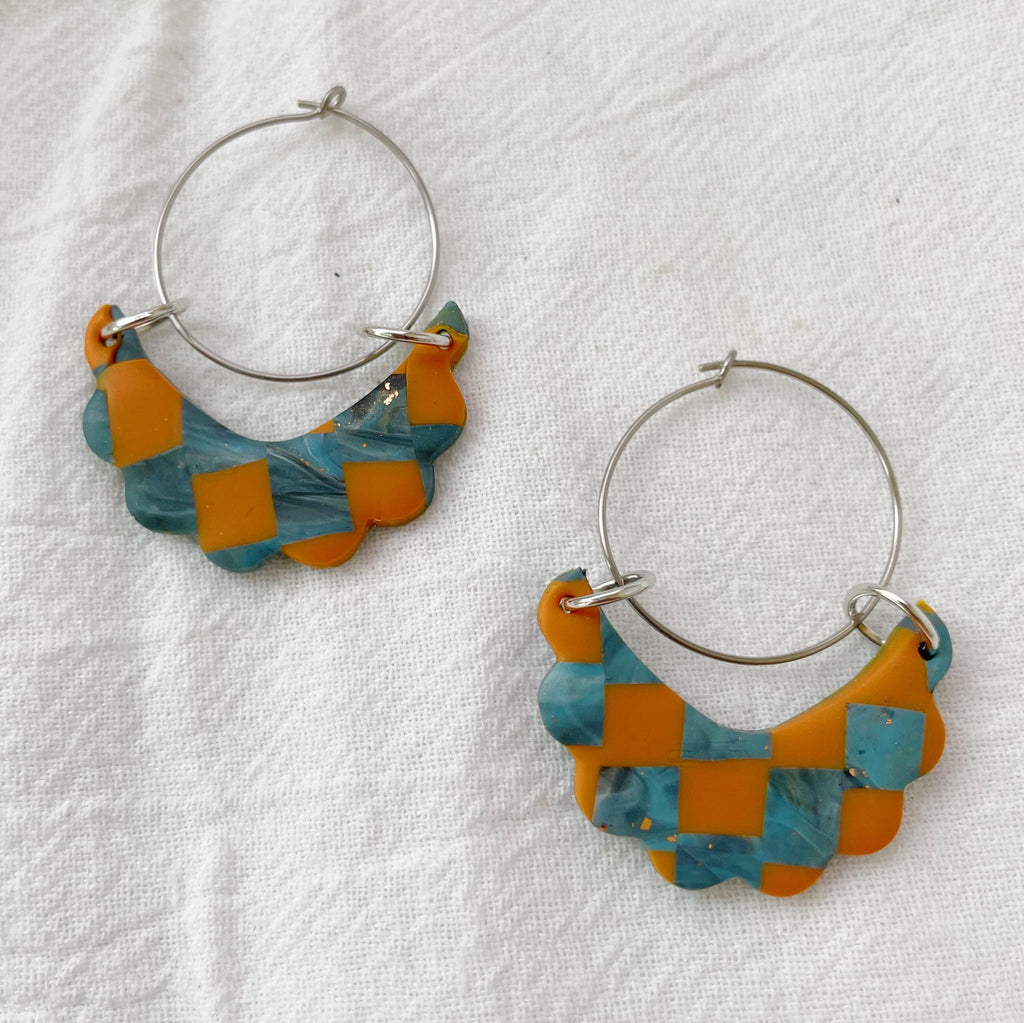 Orange Checkerboard Earrings Lightweight Polymer Clay Earrings Silver Hoop Dangles Elegant Brown