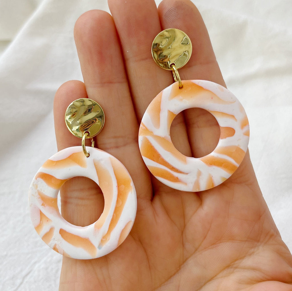 Orange White Round Dougnut Earrings Lightweight Polymer Clay Earrings Gold Dangles