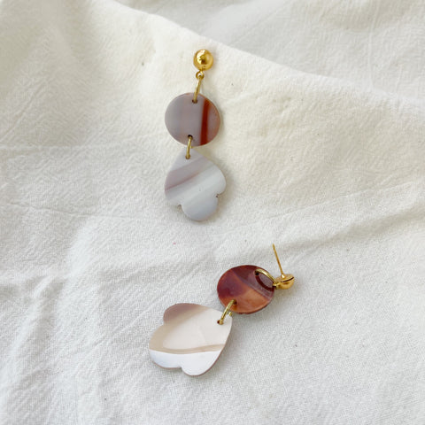 Image of Faux Tortoise Shell Lightweight Polymer Clay Earrings Brown White Gold Dangles