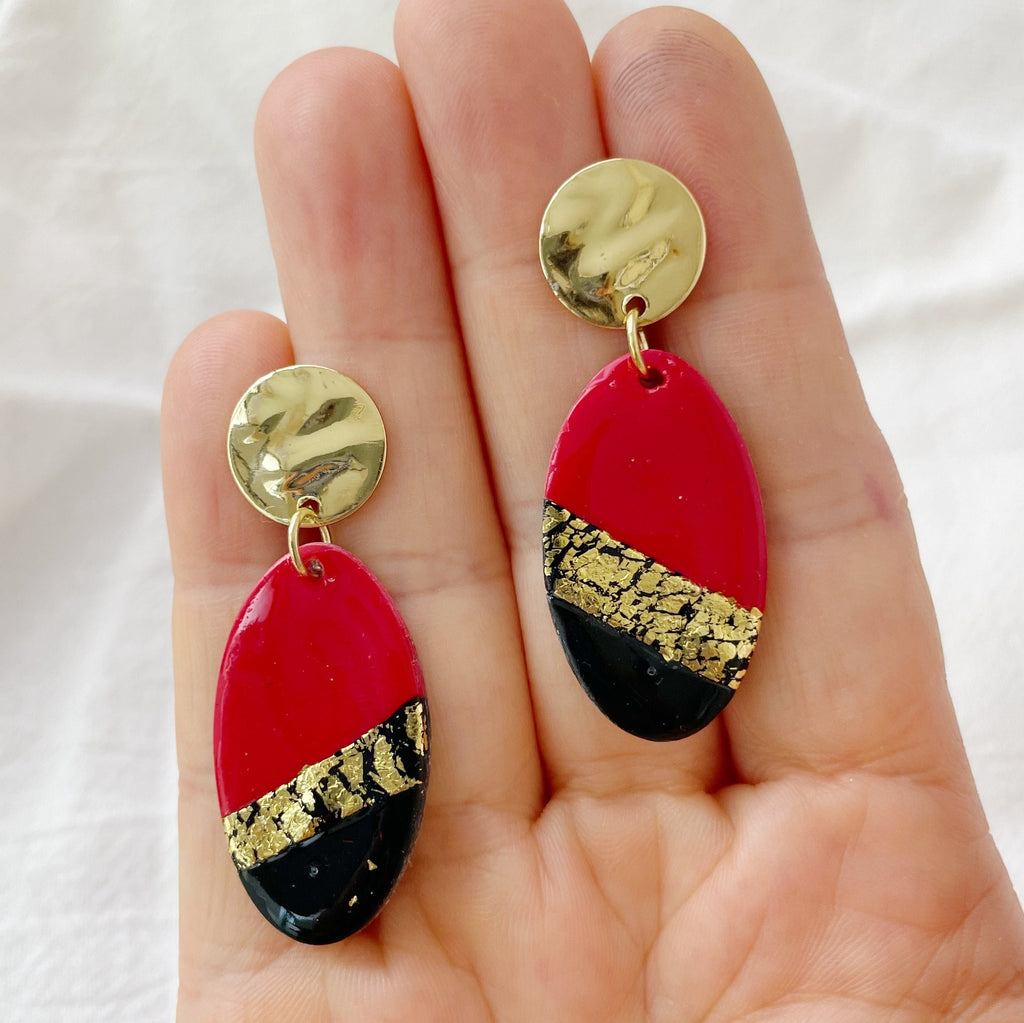 Red, Black and Gold Crackle Earrings Lightweight Polymer Clay Earrings Gold Dangles
