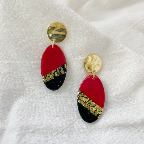 Image of Red, Black and Gold Crackle Earrings Lightweight Polymer Clay Earrings Gold Dangles