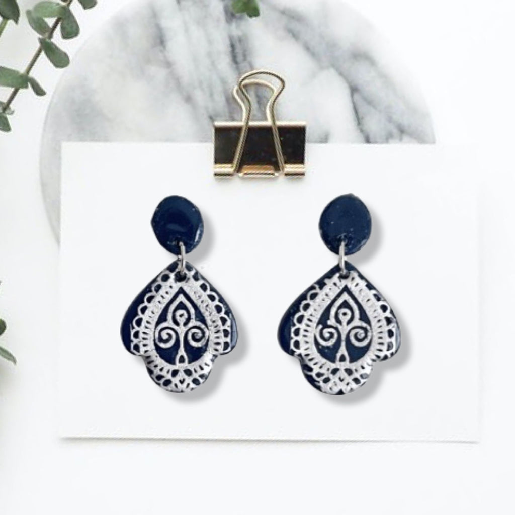 Navy Blue Filigree Printed Earrings, Drop Down Elegant Earrings, Tribal Lightweight Dangly Boho Earrings, Ethnic Jewelry For Mom Bestie