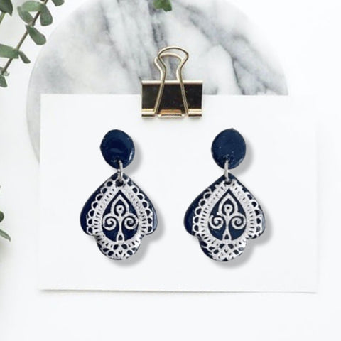 Image of Navy Blue Filigree Printed Earrings, Drop Down Elegant Earrings, Tribal Lightweight Dangly Boho Earrings, Ethnic Jewelry For Mom Bestie