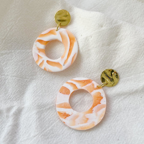 Image of Orange White Round Dougnut Earrings Lightweight Polymer Clay Earrings Gold Dangles