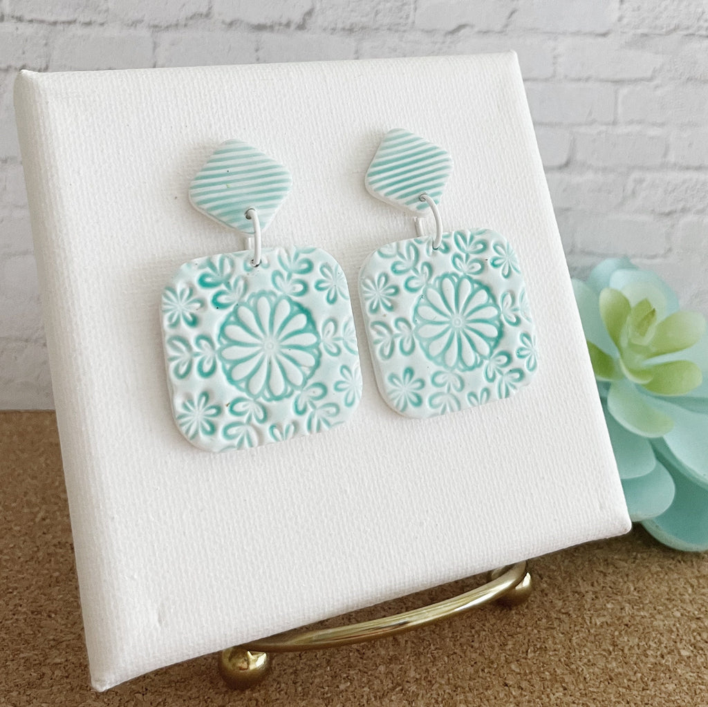 Ceramic Tile Earrings, Polymer Clay Earrings, Lightweight Statement Dangles, Gift for Bestie, Cool Unique Gifts for Her, Aqua Earrings