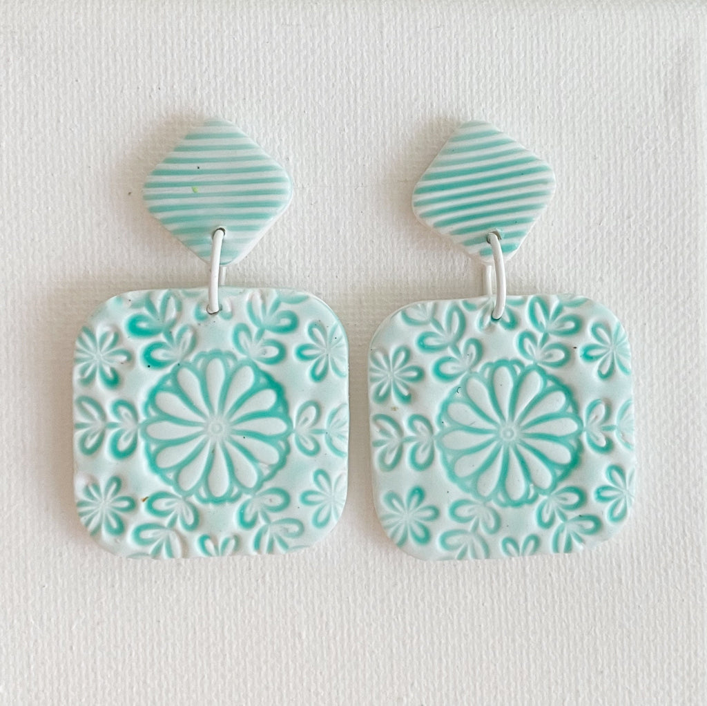 Ceramic Tile Earrings, Polymer Clay Earrings, Lightweight Statement Dangles, Gift for Bestie, Cool Unique Gifts for Her, Aqua Earrings
