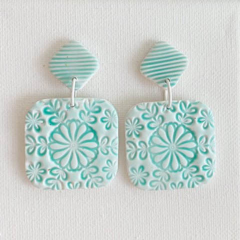 Image of Ceramic Tile Earrings, Polymer Clay Earrings, Lightweight Statement Dangles, Gift for Bestie, Cool Unique Gifts for Her, Aqua Earrings