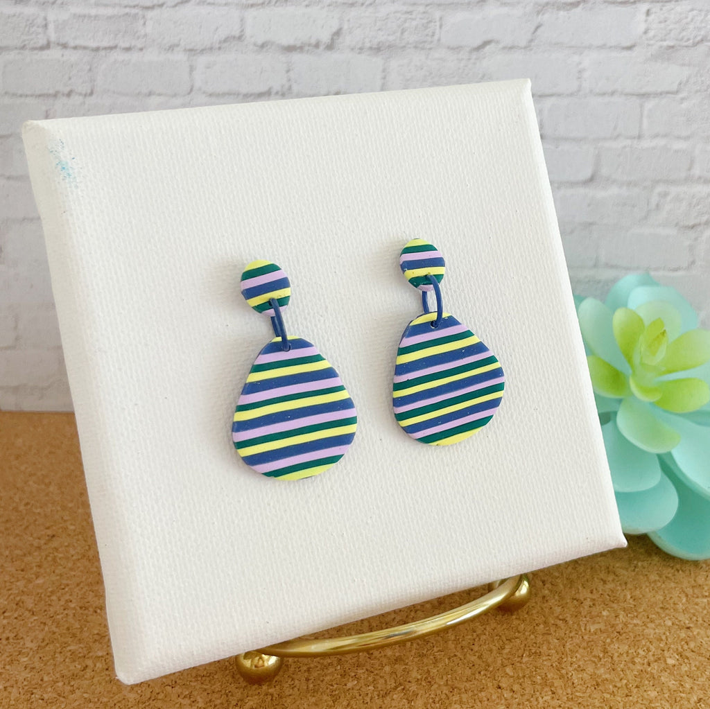 Blue Stripes Earrings, Polymer Clay Earrings, Lightweight Statement Dangles, Gift for Bestie, Cool Unique Gifts for Her, Navy Earrings