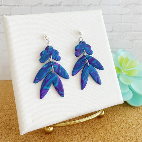 Image of Blue Swirl Earrings, Polymer Clay Earrings, Dangle Earring, for Women, Lightweight Statement Elegant Dangle, Gift for GF, Chandelier Earring