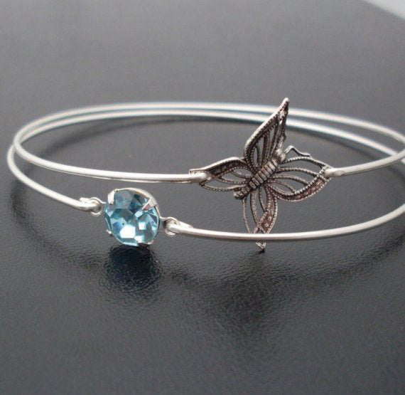 Sky Blue Butterfly Bangle Bracelet Set-FrostedWillow