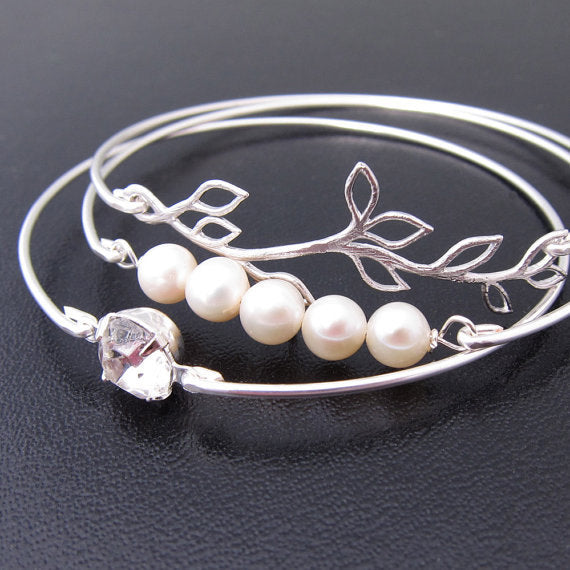 Bridal Bracelet Set with Branch, Cultured Freshwater Pearls & Diamond Rhinestone-FrostedWillow